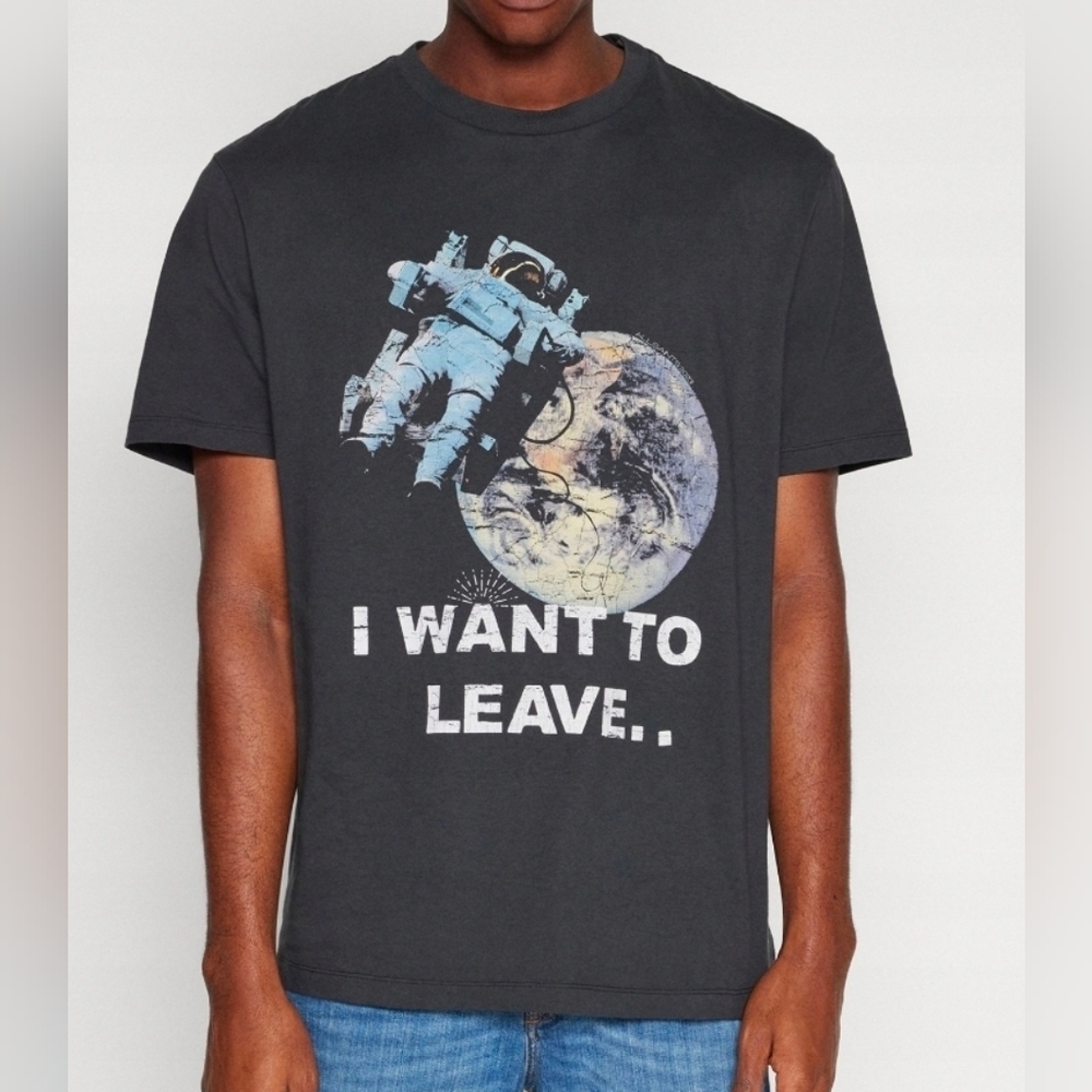 AllSaints Charcoal Black Graphic 'I Want To Leave' Astronaut Tee